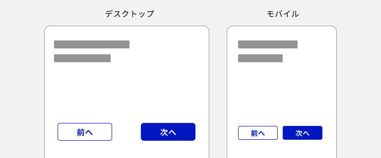 スクリーンショット:プライマリーが塗りボタン、セカンダリーがアウトラインボタンの組み合わせで使用した例。デスクトップデバイス、モバイルデバイスの両方の画面内にプライマリーの「次へ」ボタンが右端に、セカンダリーの「前へ」ボタンが左端にレイアウトされている。