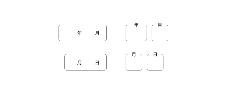 スクリーンショット:日フィールドが省略された日付ピッカーおよび年フィールドが省略された日付ピッカー