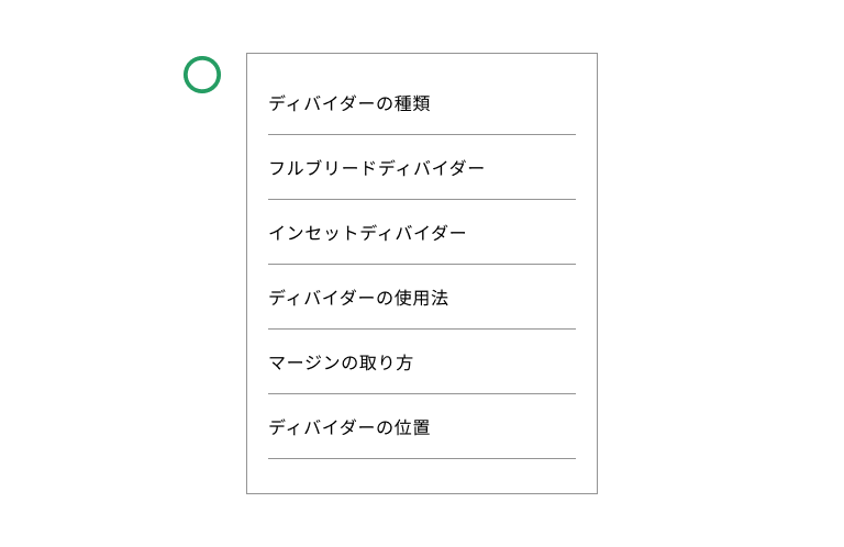 スクリーンショット:いくつかの単一行テキストがディバイダーで区切られている。ディバイダーとテキストの余白が1em程度確保されている。