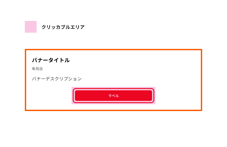 スクリーンショット:緊急時バナーのクリッカブルエリアを表した図。アクションボタンがクリッカブルエリアを示すピンク色の矩形で覆われている。