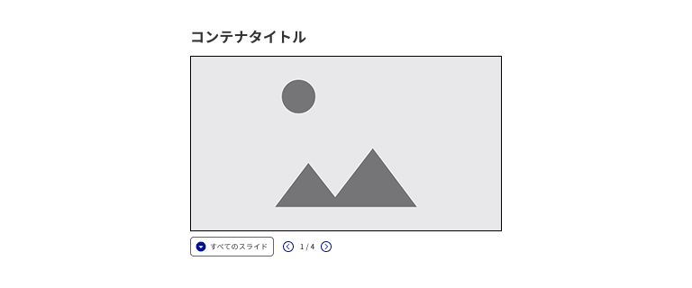 スクリーンショット：イメージスライダー。カルーセルコンポーネントのコンテナタイプ - 幅狭サイズを用いている。先頭には見出しがあり、その下にダミー画像が入ったメインエリアがある。メインエリアの左下には「すべてのスライド」と記載されたボタンがある。その右隣にはページナビゲーションがあり、横並びで、前のスライドボタン、1/4という現在位置の表示、次のスライドボタンが配置されている。