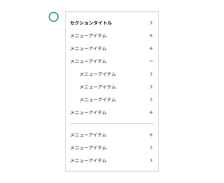 スクリーンショット:エンドアイコンの付いたメニューリストを含むモバイルメニューの例。リンクを示唆するために右向きシェブロンの付いた項目と、サブメニューの開閉を示すプラス/マイナスの付いた項目が混在している。