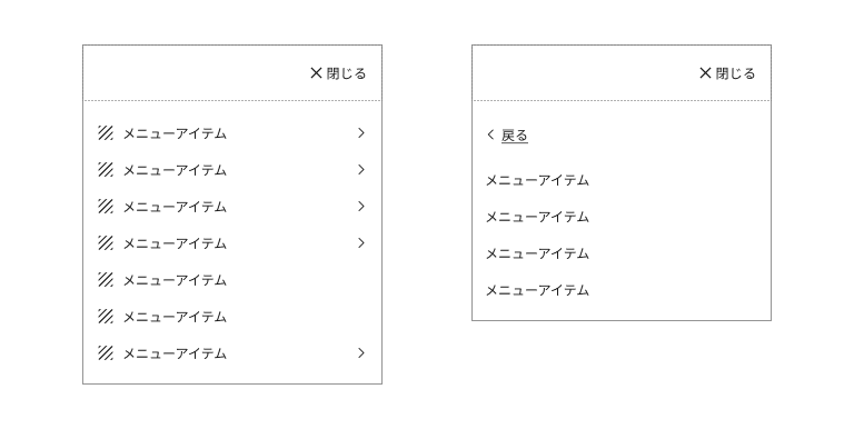 スクリーンショット:モバイルメニューのスタンダードタイプの例。第一階層を左、第二階層を右に配置している。それぞれモバイルメニュー内に、ハンバーガーメニューボタンとメニューリストが配置されている。第一階層では、いくつかのメニュー項目のエンドアイコンとして右向きのシェブロン(V字の形状)が配置され、次のレイヤーに遷移することが示唆されている。第二階層では、メニューリストの上部に戻るボタンが配置されている。