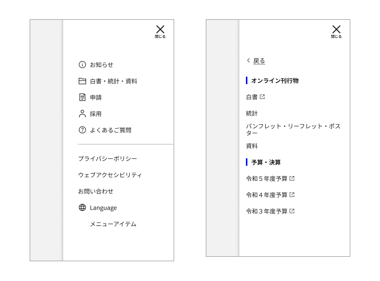 スクリーンショット:モバイルメニューの右タイプの例。第一階層を左、第二階層を右に配置している。それぞれビューポートの右側にオーバーレイで展開し、モバイルメニューを除く領域は半透明の黒色で覆われている。