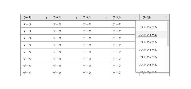 スクリーンショット:縦三点リーダーアイコンのついたヘッダーセルおよびメニューが展開されたヘッダーセル。
