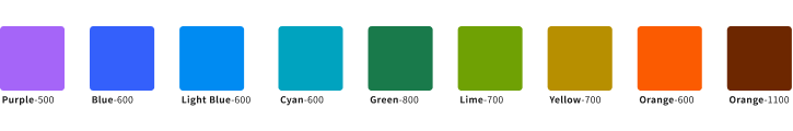スクリーンショット:アクセントカラーの例として、紫、青、ライトブルー、シアン、緑、ライム、黄色、明るいオレンジ、暗いオレンジのカラーチップを並べている。