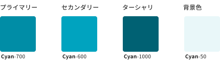 スクリーンショット:シアン(Cyan)のキーカラーの例を示すカラーチップ。プライマリーカラー、セカンダリーカラー、ターシャリカラー、および背景色で、明るさによる違いをもつ。