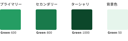 スクリーンショット:緑(Green)のキーカラーの例を示すカラーチップ。プライマリーカラー、セカンダリーカラー、ターシャリカラー、および背景色で、明るさによる違いをもつ。