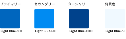 スクリーンショット:ライトブルー(Light Blue)のキーカラーの例を示すカラーチップ。プライマリーカラー、セカンダリーカラー、ターシャリカラー、および背景色で、明るさによる違いをもつ。