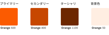 スクリーンショット:オレンジ(Orange)のキーカラーの例を示すカラーチップ。プライマリーカラー、セカンダリーカラー、ターシャリカラー、および背景色で、明るさによる違いをもつ。