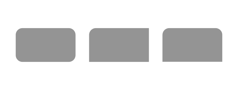 スクリーンショット:同じサイズの横幅が長い長方形が横に3個並んでいる。左の図形は4角すべて角丸、中央の図形は左上の角だけ角丸、右の図形は上の2角が角丸になっている。