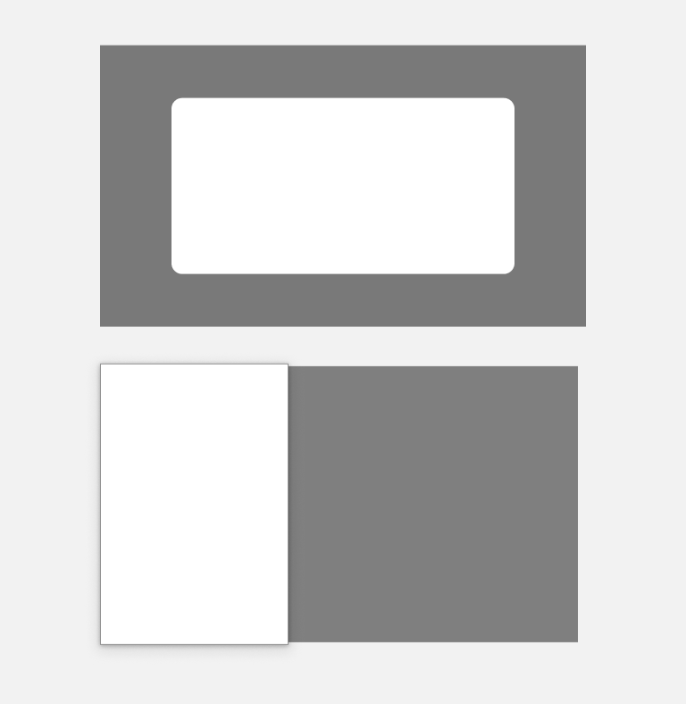 スクリーンショット:オーバーレイシェードの参考図を表示。上段の図は黒に近い濃いグレーが透過でオーバレイシェードとしてページ表面の高さレベルを示す白い長方形の色面の全体を覆い、その上部に配置されるドロップシャドウ付きのページ表面の面積の50%を占める白い長方形が中央に視覚的にオーバーレイシェード上部に浮いた感じで表示されている。下段の図は黒に近い濃いグレーが透過でオーバーレイシェードとしてページ表面の全体を覆い、その上部、全表面の左側3分の1を占めるドロップシャドウ付きの白い平面がより強く浮いた感じで表面の上に配置されている。