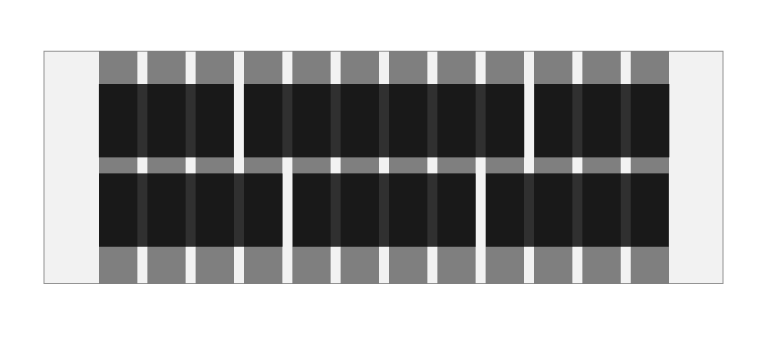 スクリーンショット:12カラムのグリッドシステムを使った3カラムレイアウトのイメージ。2段にわたり、各段が異なるカラム割りを示している。1段目には左に3カラム分の幅を持つカラム、中央に6カラム分の幅を持つカラム、右側には3カラム分の幅を持つカラムが配置されている。2段目には左右中央にそれぞれ4カラム分の幅を持つカラムが配置されている。