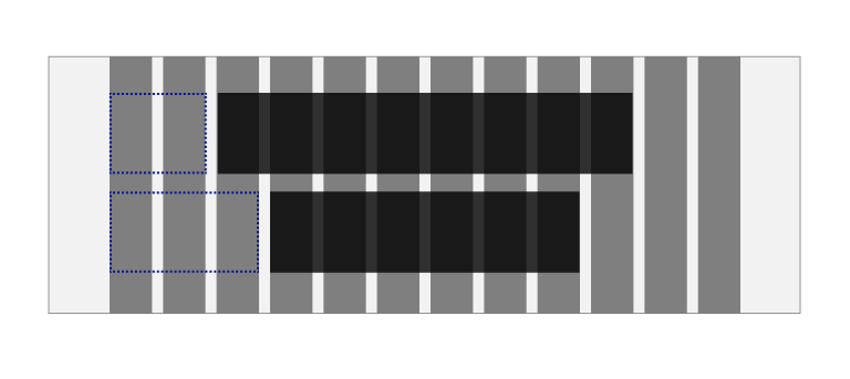 スクリーンショット:12カラムのグリッドシステムを使ったカラムオフセットのイメージ。2段にわたり、中央に配置されたカラムとその左側のオフセットを青い破線で示している。上段には8カラムの幅を持つカラムがあり、左に2カラムの幅のオフセットがある。上段には6カラムの幅を持つカラムがあり、左に3カラムの幅のオフセットがある。