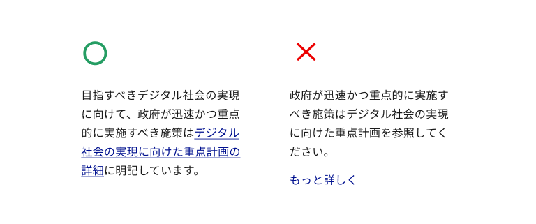 スクリーンショット:リンク文の明確さの良い例と悪い例。良い例は文中インラインの「デジタル社会の実現に向けた重点計画の詳細」がリンクテキストとして青文字に青の下線で表示され、リンクが示す具体的な内容を示している。悪い例は「もっと詳しく」のリンクテキストが主段落から切り離されて配置され、青文字に青の下線で表示されているが、何をもっと詳しくなのかの具体性を欠いている。