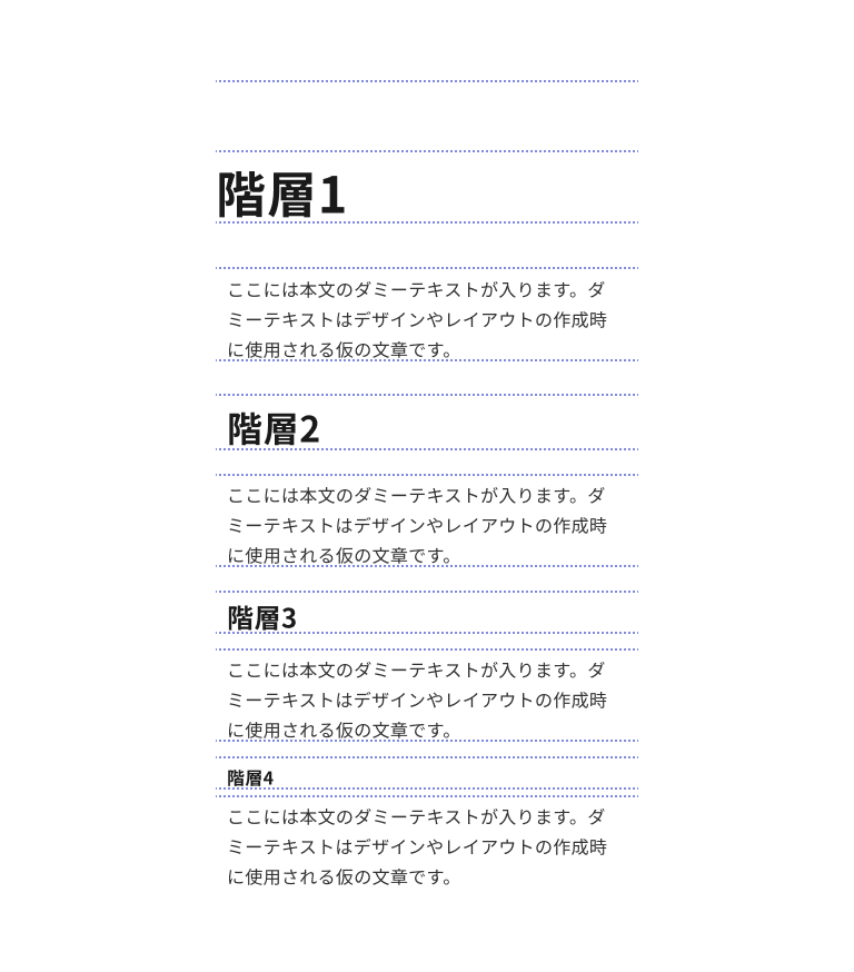スクリーンショット:余白による階層の形成の例。見出し「階層1」から「階層4」まで、上から下に順に配置されており、それぞれの見出しの下には本文テキストが置かれている。階層が進むごとに見出しの大きさは小さくなり、見出しと本文テキストの間の余白も縮まっていることが示されている。
