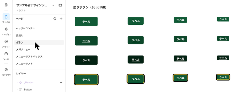 スクリーンショット：Figmaの「ボタン」ページに表示された「塗りボタン（Solid Fill）」。左のパネルのページの一覧では「ボタン」が選ばれている。右のキャンバスには、「ラベル」と書かれた緑色の塗りボタンが4列4行で並び、左の列から右の列にかけてボタンが小さくなっている。1行目は通常の状態で、2行目はラベルに下線が付いている。3行目はさらに濃い緑色でラベルに下線が付き、4行目はボタンが黒と黄色の二重線で囲まれている。